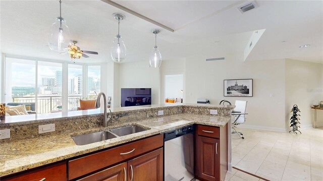 kitchen with ceiling fan, visible vents, stainless steel dishwasher, a sink, and open floor plan