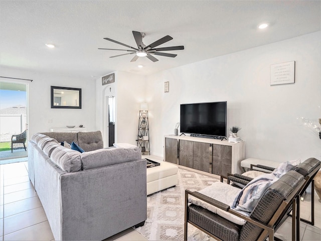 5464 Flint Hills Dr, Wimauma, FL 33598 - living area featuring recessed lighting, a ceiling fan, and light tile patterned flooring