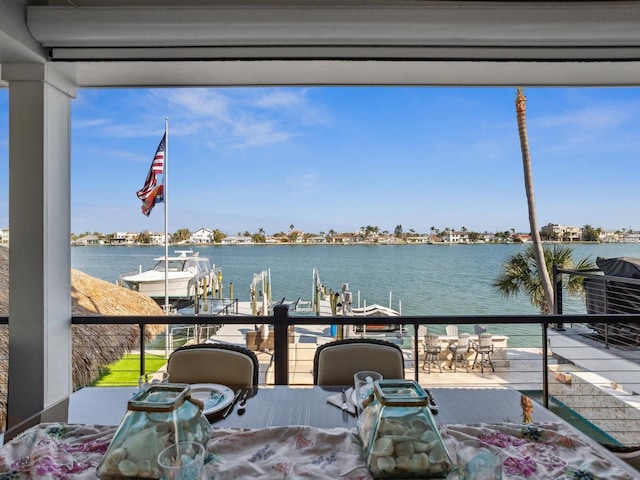 exterior space with a water view