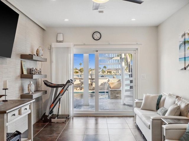 interior space featuring tile patterned flooring, recessed lighting, and ceiling fan