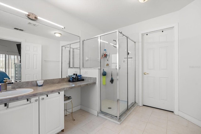 full bath featuring vanity, tile patterned floors, visible vents, and a stall shower