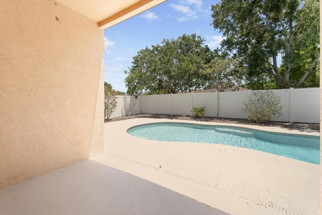 view of swimming pool with a fenced in pool, a fenced backyard, and a patio area