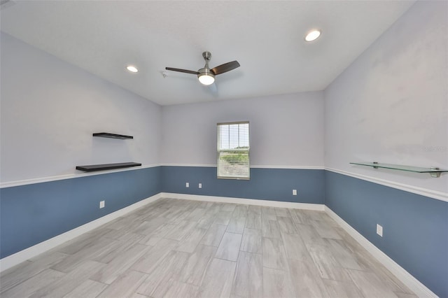 empty room with a ceiling fan, recessed lighting, and wood finished floors