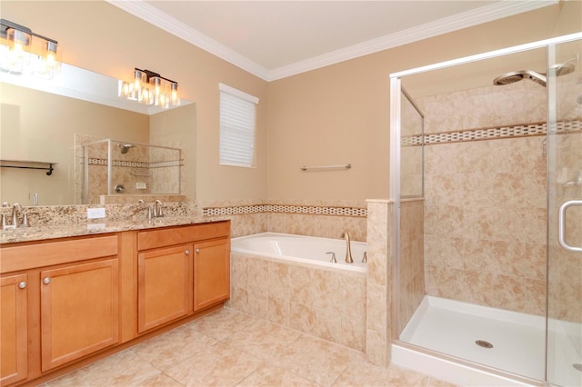 bathroom with a shower stall, crown molding, a bath, double vanity, and tile patterned flooring