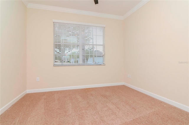 carpeted empty room featuring ornamental molding and baseboards