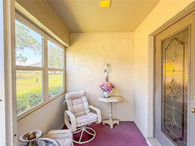 sunroom featuring carpet floors and a textured wall