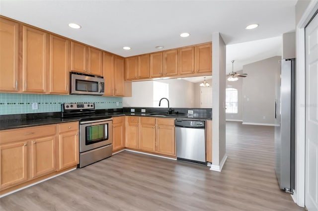 8561 Deer Chase Dr, Riverview, FL 33578 - kitchen featuring a sink, stainless steel appliances, ceiling fan, light wood-style flooring, and baseboards