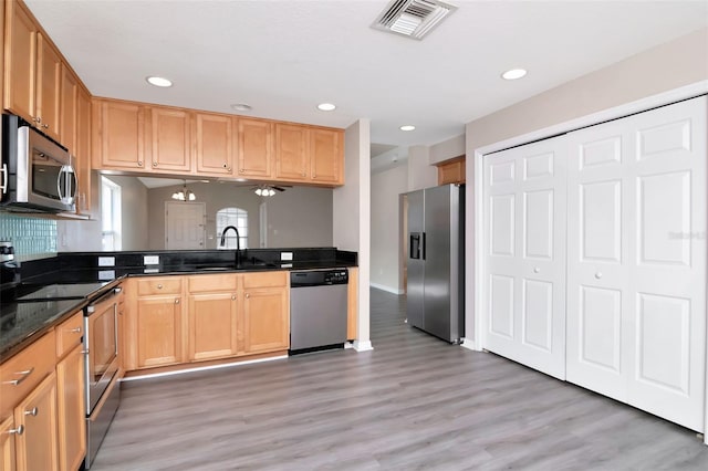 8561 Deer Chase Dr, Riverview, FL 33578 - kitchen with a sink, stainless steel appliances, visible vents, recessed lighting, and light wood-style flooring