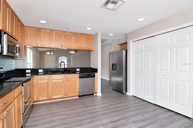 8561 Deer Chase Dr, Riverview, FL 33578 - kitchen with recessed lighting, visible vents, a sink, light wood-style floors, and appliances with stainless steel finishes