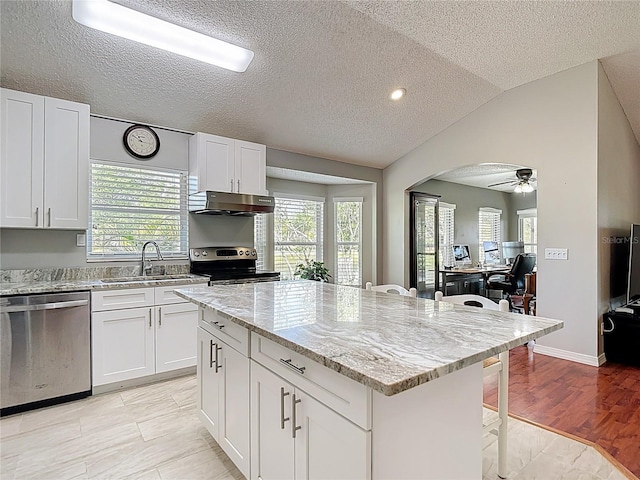 19227 Garden Quilt Cir, Lutz, FL 33558 - kitchen featuring appliances with stainless steel finishes, a sink, a textured ceiling, a center island, and lofted ceiling