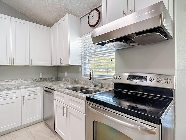 19227 Garden Quilt Cir, Lutz, FL 33558 - kitchen featuring a sink, white cabinets, exhaust hood, and stainless steel appliances