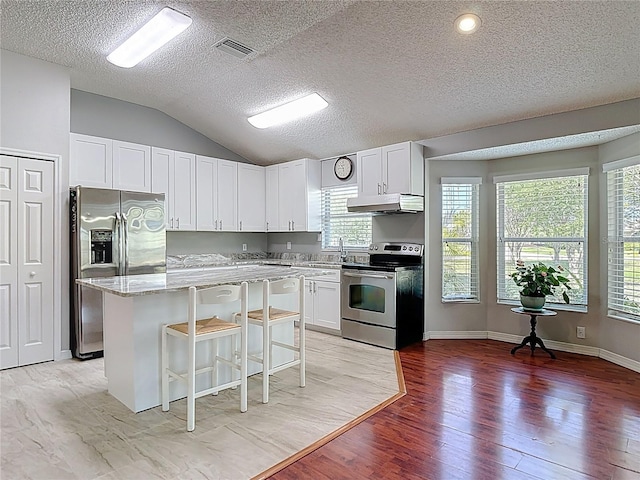 19227 Garden Quilt Cir, Lutz, FL 33558 - kitchen with a kitchen island, appliances with stainless steel finishes, light wood-type flooring, under cabinet range hood, and white cabinetry