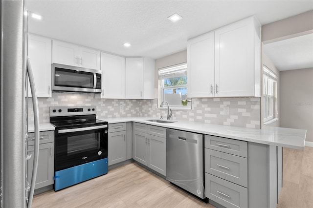 13704 Evelane Dr, Hudson, FL 34667 - kitchen with appliances with stainless steel finishes, a sink, gray cabinets, light wood finished floors, and decorative backsplash