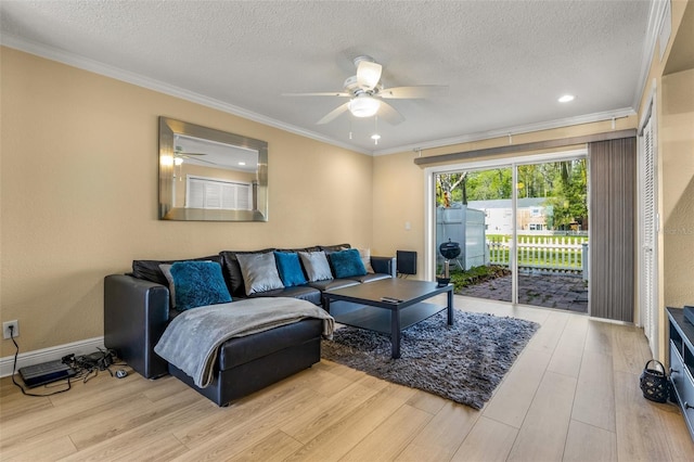 living room featuring light wood-style floors, a textured ceiling, and ceiling fan