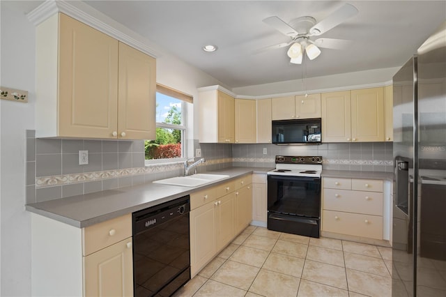 kitchen with light tile patterned flooring, a sink, a ceiling fan, backsplash, and black appliances