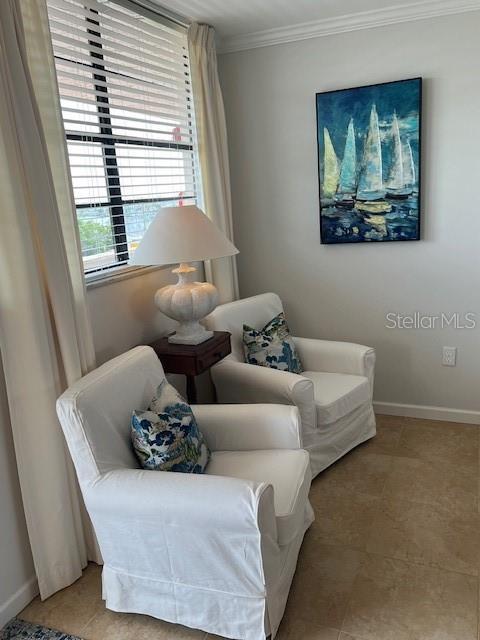 18304 Gulf Blvd Unit 309, Redington Shores, FL 33708 - living area featuring crown molding and baseboards