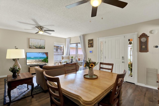 dining room with visible vents, a ceiling fan, dark wood finished floors, and a textured ceiling
