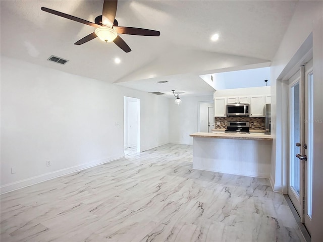 1005 Cameo Crest Ln, Valrico, FL 33596 - unfurnished living room with vaulted ceiling, ceiling fan, baseboards, light marble finish floors, and recessed lighting