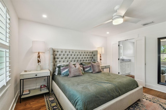 bedroom with a ceiling fan, recessed lighting, wood finished floors, and visible vents