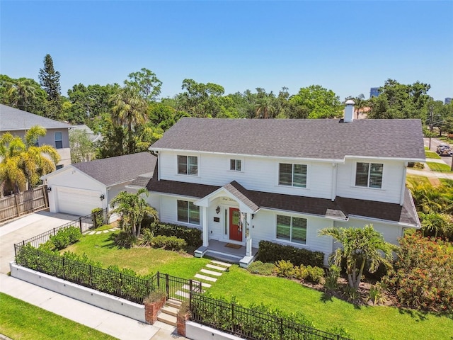 view of front of property with roof with shingles, a fenced front yard, driveway, and a front yard