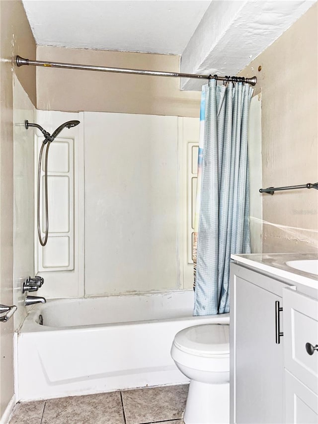 full bathroom featuring vanity, tile patterned floors, shower / bath combo, and toilet