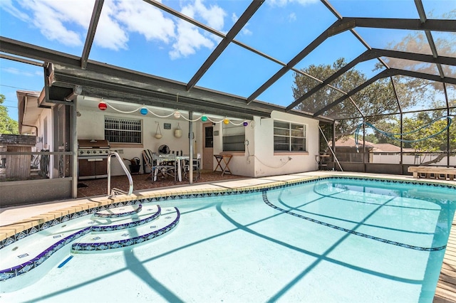 64 Sj Kellner Blvd, Beverly Hills, FL 34465 - outdoor pool with area for grilling, a patio, glass enclosure, and outdoor dining area