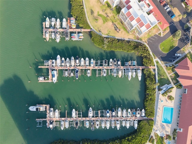 drone / aerial view featuring a water view