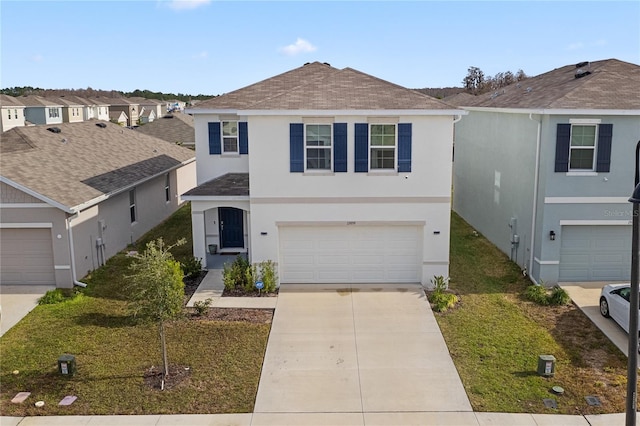traditional home with an attached garage, a residential view, stucco siding, concrete driveway, and a shingled roof