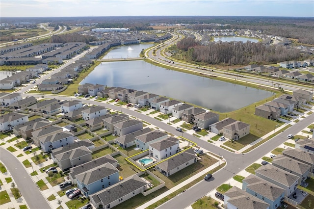 birds eye view of property with a water view and a residential view