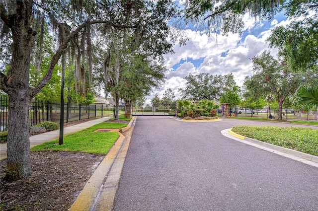 view of road with curbs, a gated entry, sidewalks, and a gate