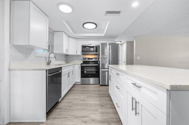 13926 Helen Ave, Hudson, FL 34667 - kitchen with stainless steel appliances, white cabinetry, a sink, and light wood finished floors