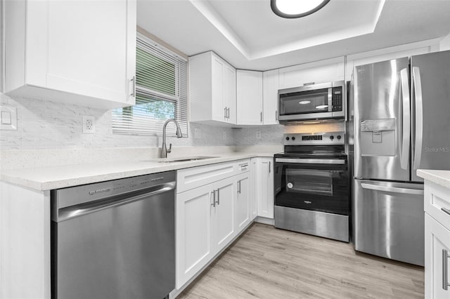 13926 Helen Ave, Hudson, FL 34667 - kitchen with a sink, white cabinetry, a tray ceiling, and stainless steel appliances