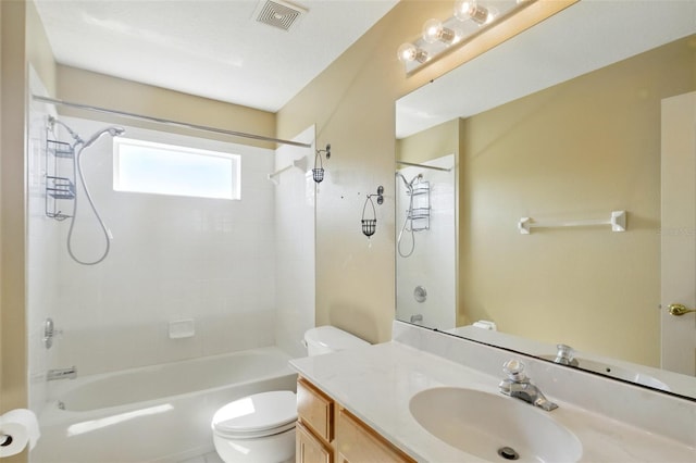 full bath with shower / bathtub combination, toilet, visible vents, and vanity
