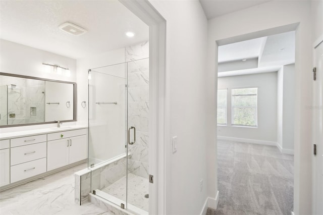 2123 1st Ave N, Saint Petersburg, FL 33713 - bathroom with a shower stall, vanity, baseboards, recessed lighting, and marble finish floors