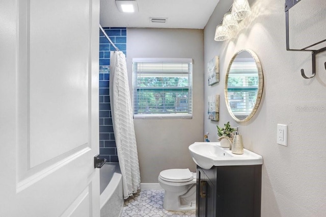 full bath featuring visible vents, tile patterned flooring, vanity, toilet, and shower / bathtub combination with curtain