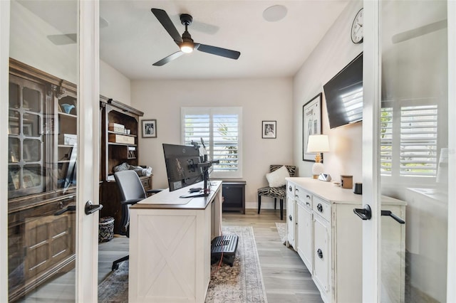 office space featuring light wood finished floors and ceiling fan