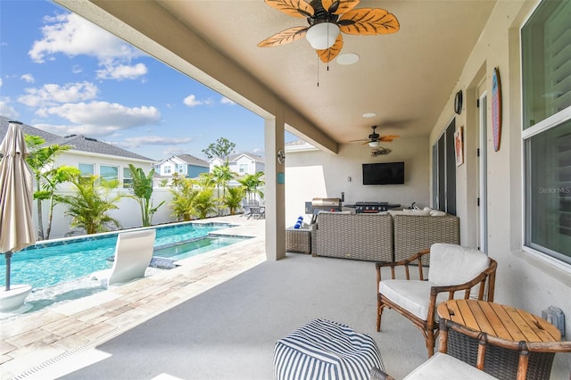 view of patio featuring an outdoor living space, a ceiling fan, a residential view, a fenced in pool, and a fenced backyard