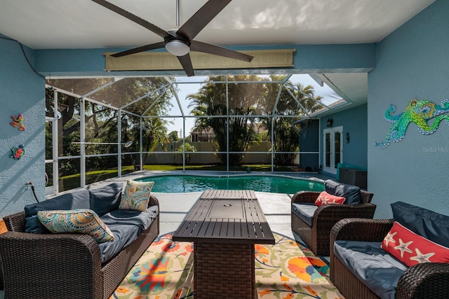 pool with an outdoor living space, a ceiling fan, french doors, glass enclosure, and a patio