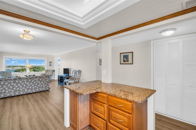 4725 Cove Cir Unit 601, Saint Petersburg, FL 33708 - kitchen with open floor plan, crown molding, light wood-style floors, light stone counters, and brown cabinetry