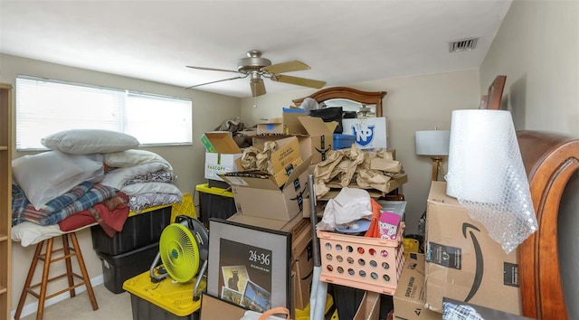 storage area with a ceiling fan and visible vents