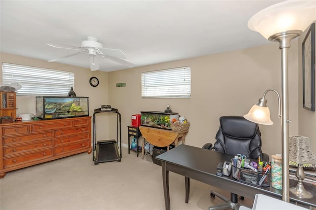 office with ceiling fan, light colored carpet, and a wealth of natural light