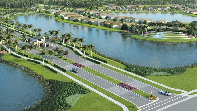 birds eye view of property with a water view and a residential view
