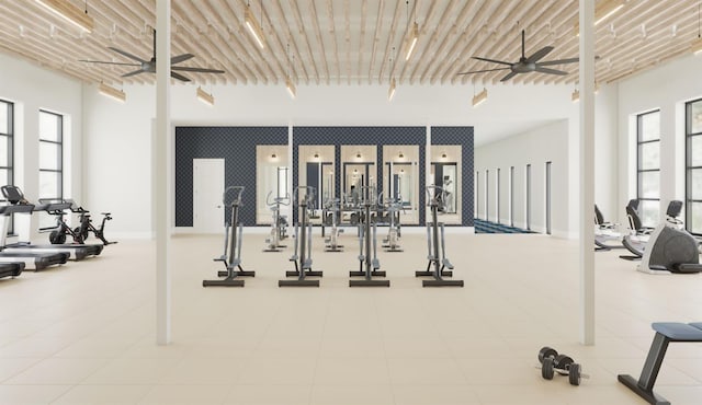 exercise room with ceiling fan