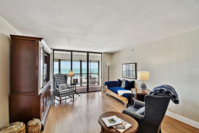 living room with expansive windows, baseboards, and wood finished floors