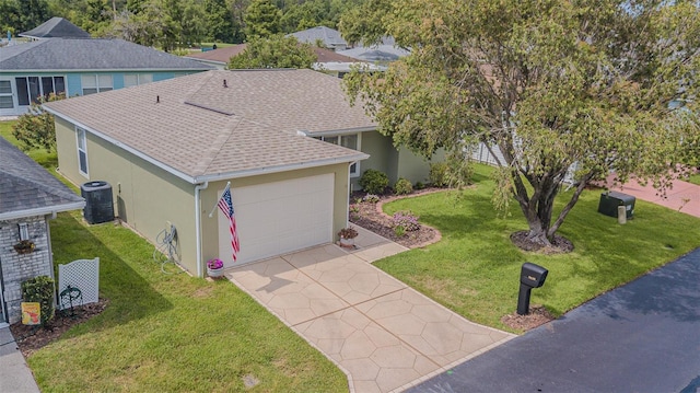 29436 Zeller Ave, San Antonio, FL 33576 - view of front of home with stucco siding, roof with shingles, a garage, and central air condition unit