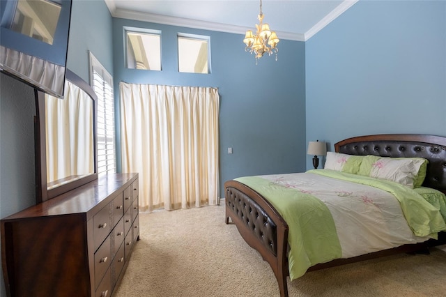 bedroom with crown molding, carpet, and a notable chandelier