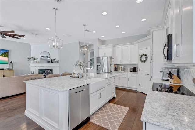 kitchen with dark wood-style flooring, a sink, stainless steel appliances, a ceiling fan, and white cabinetry