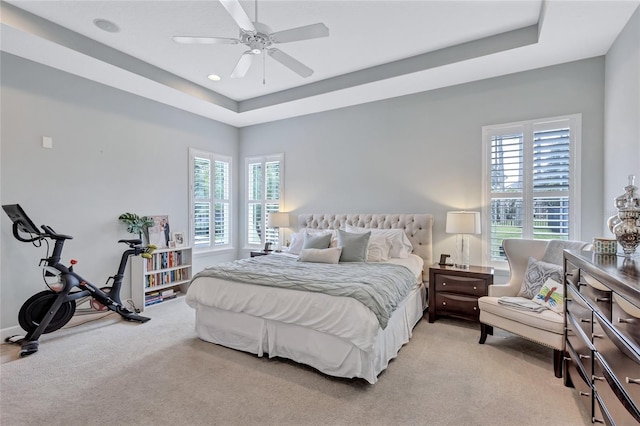 bedroom with multiple windows, light carpet, and a tray ceiling
