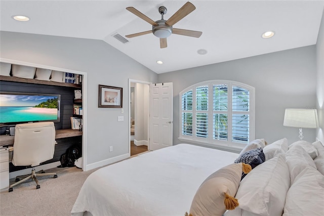 bedroom with visible vents, baseboards, recessed lighting, light colored carpet, and vaulted ceiling