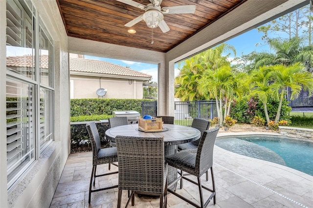 view of patio / terrace with grilling area, fence, a ceiling fan, and a fenced in pool
